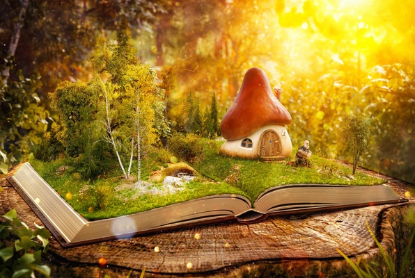 Magical mushroom house on pages of opened book in a fantastic forest.